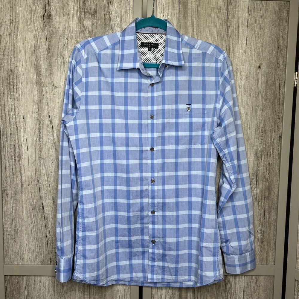 Ted Baker Mens Dress Shirt Blue Check Long Sleeves Size 3